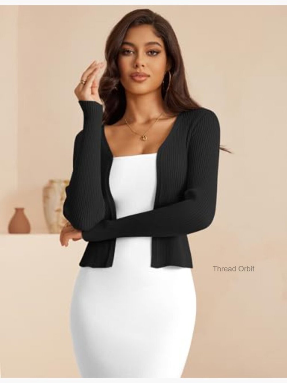 Open Front Cropped Cardigan V-Neck Long Sleeve Rib Knit Shrug - Picture 3 of 5